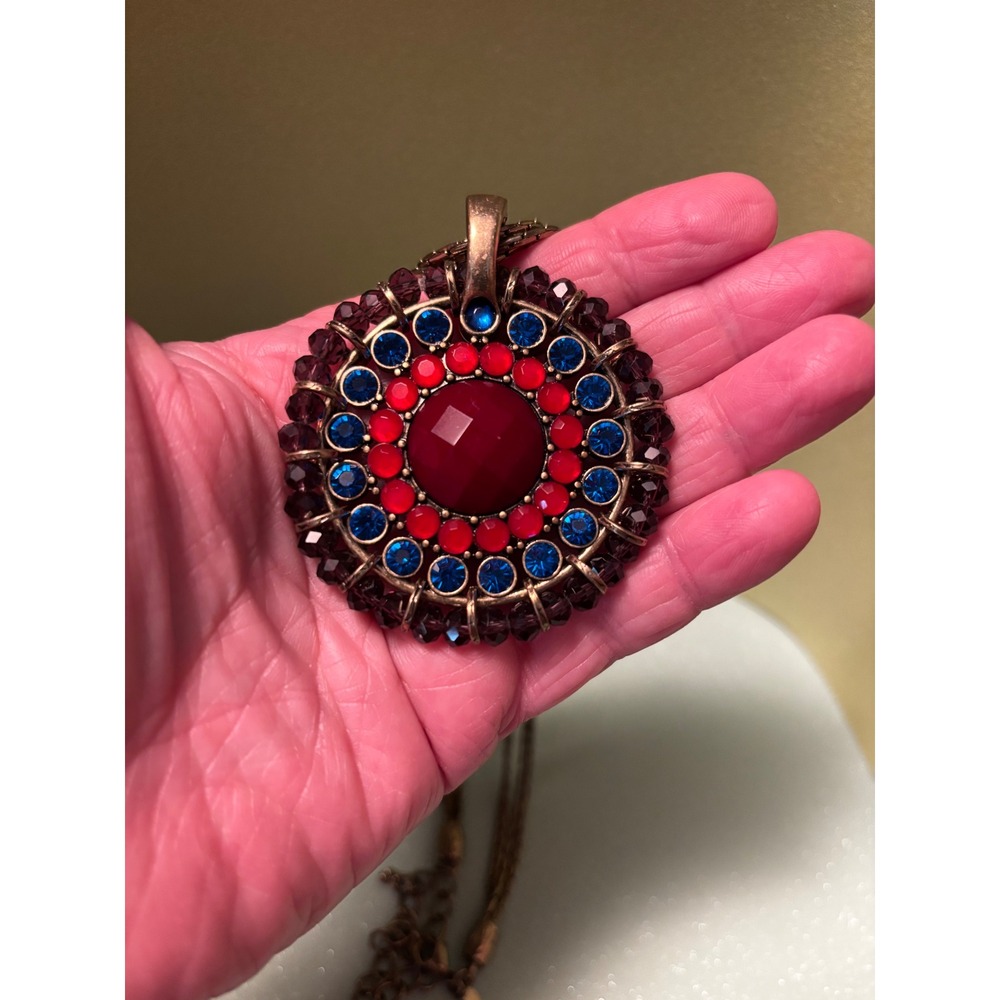 Boho Bronze Tone Red Blue Crystal Statement Pendant Necklace and Earring Set - Picture 4 of 8